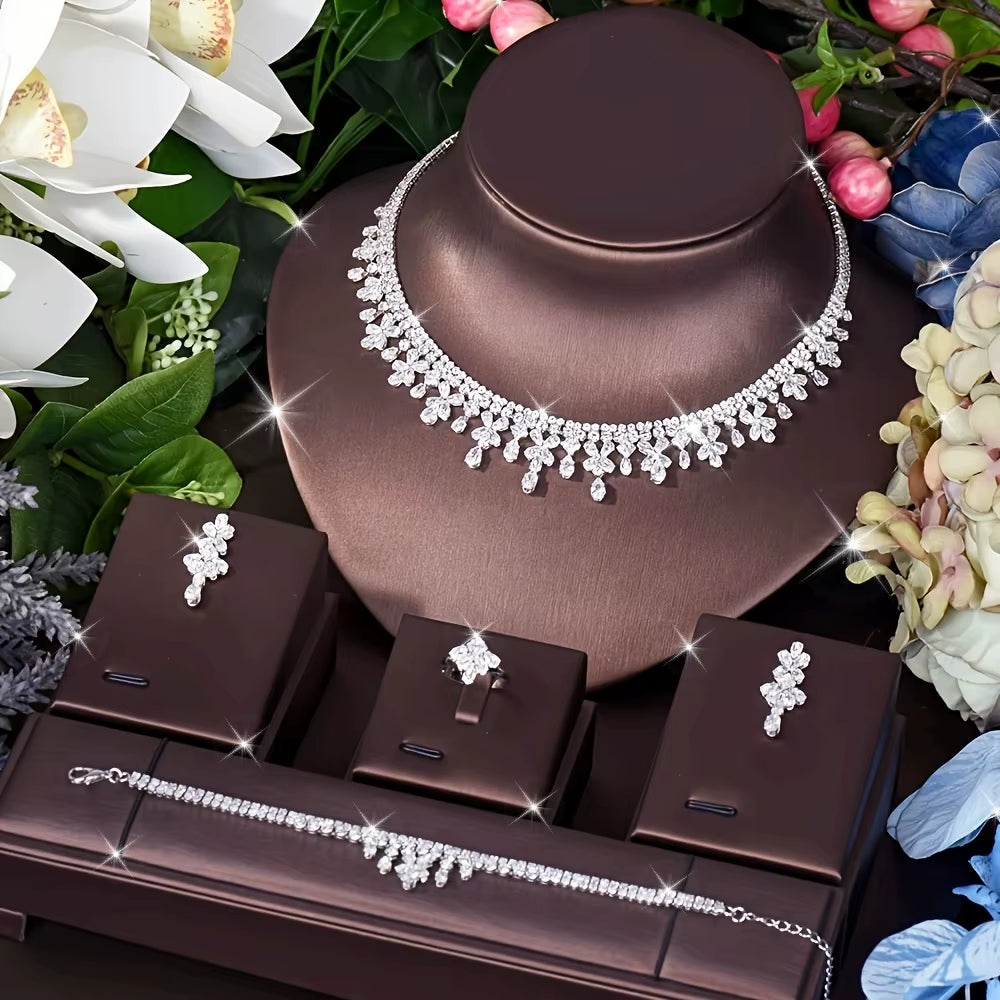 Nigeria White Gold Color Cubic Zirconia Bridal Wedding Jewelry Set Water Drop Shape 4PCS Necklace Earring Set Bijoux S-348