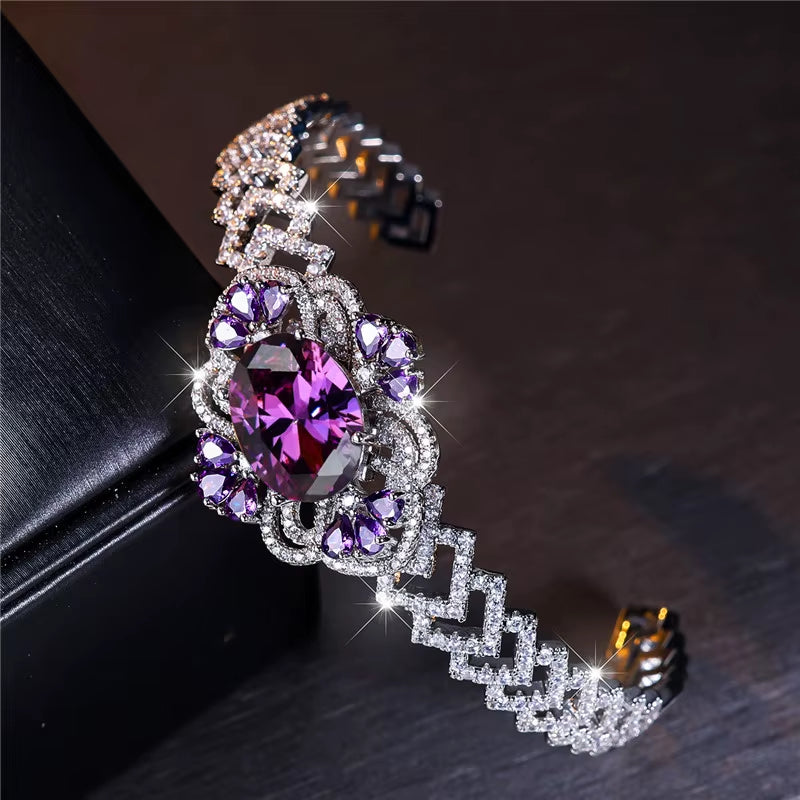 Charm Female Purple Zircon Stone Oval Bracelet Cute Silver Color Adjustable Summer Wedding Jewelry for Women