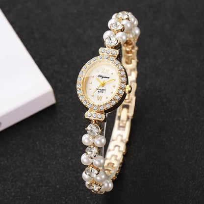 1/2PCS Fashion Diamond Roma Dial Women Quartz Wristwatch Set Ladies Elegant Pearl Alloy Strap Watch (Without Box)