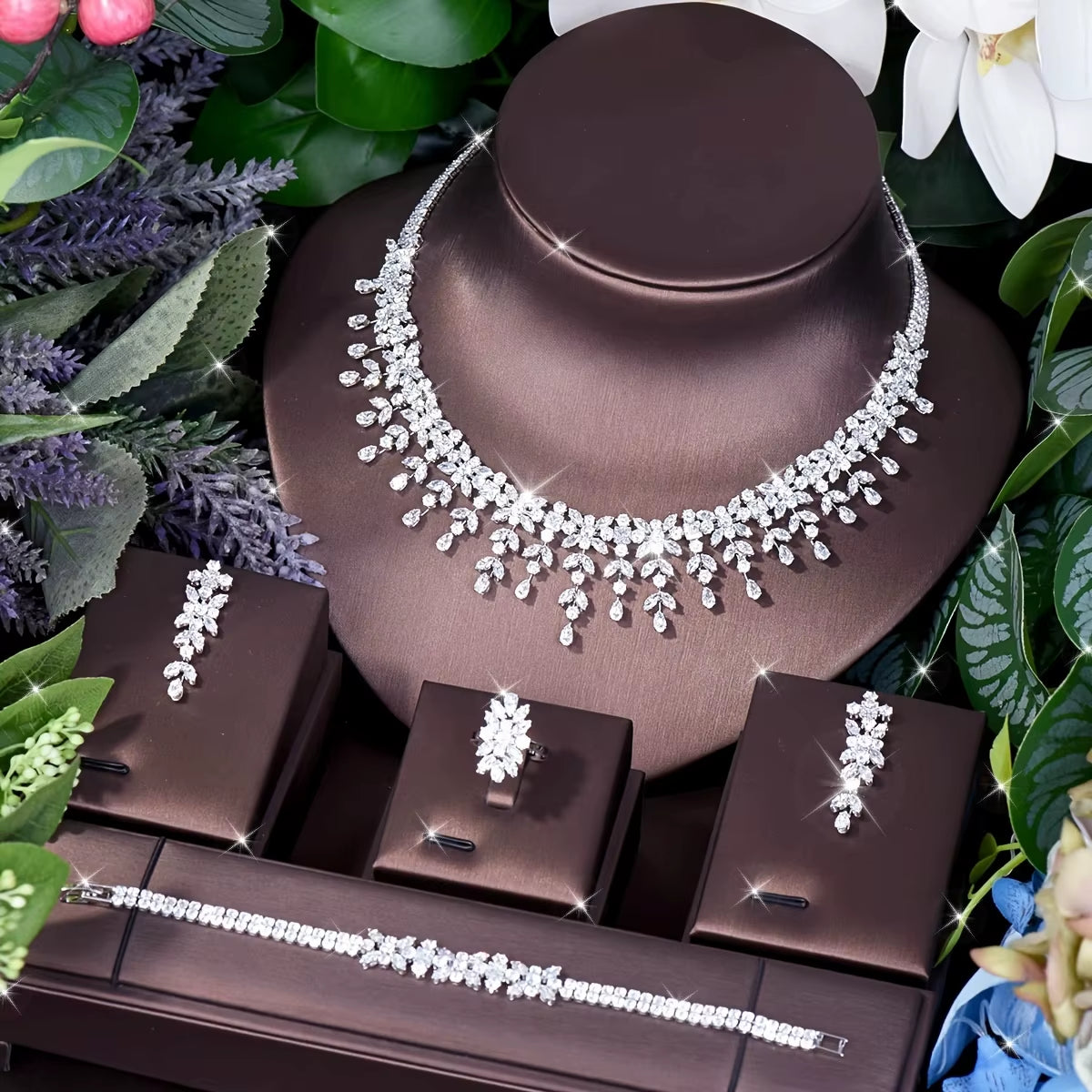 Nigeria White Gold Color Cubic Zirconia Bridal Wedding Jewelry Set Water Drop Shape 4PCS Necklace Earring Set Bijoux S-348