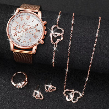 5Pcs/Set Geneva Watch Fashion Plastic Band Women Watches Rhinestone Heart Jewelry Set Ladies Quartz Watch（Without Box）