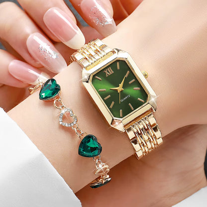 2Pcs/Set Fashion Square Roma Dial Women Wristwatches Ladies Alloy Strap Watch Rhinestone Bracelet Set (Without Box)