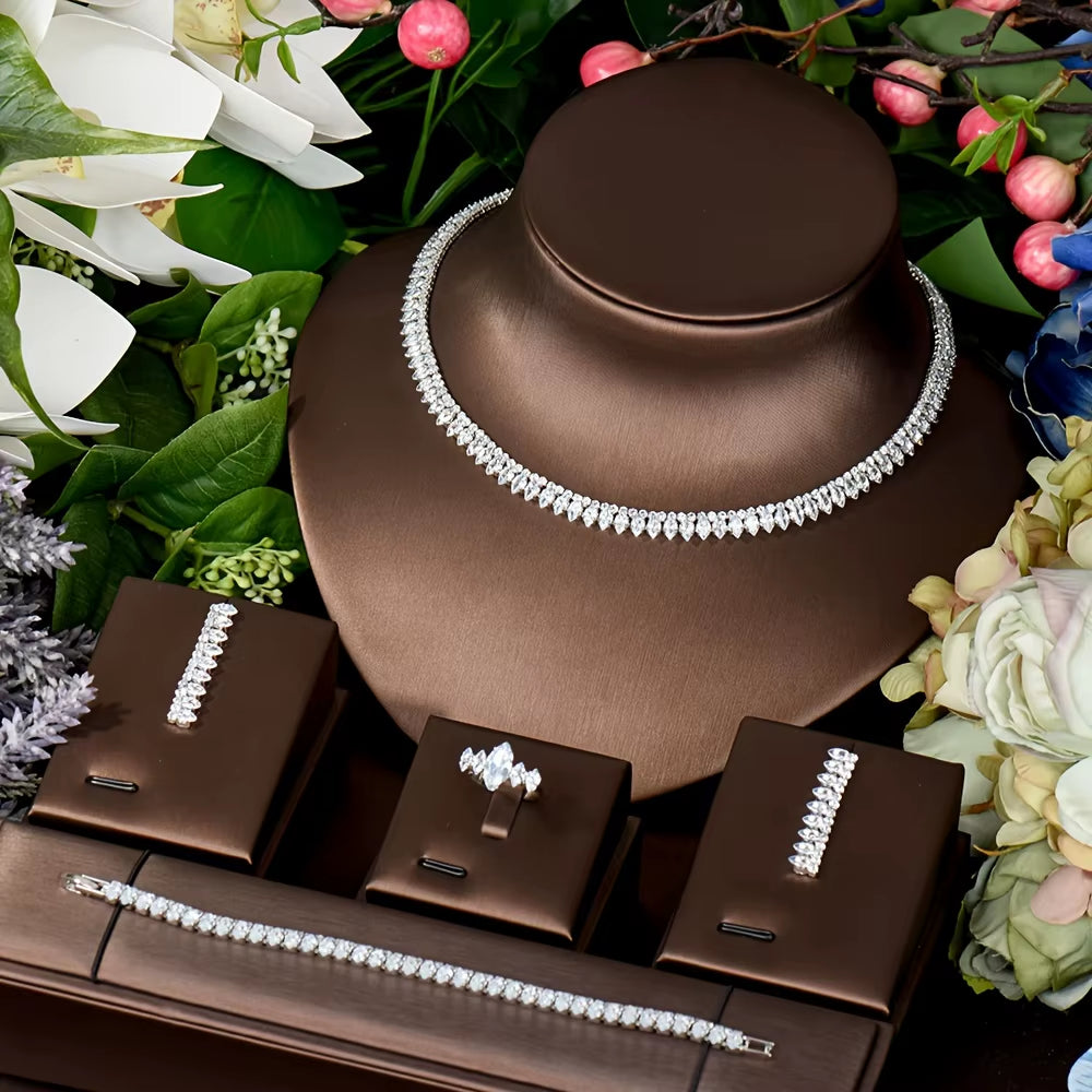 Nigeria White Gold Color Cubic Zirconia Bridal Wedding Jewelry Set Water Drop Shape 4PCS Necklace Earring Set Bijoux S-348