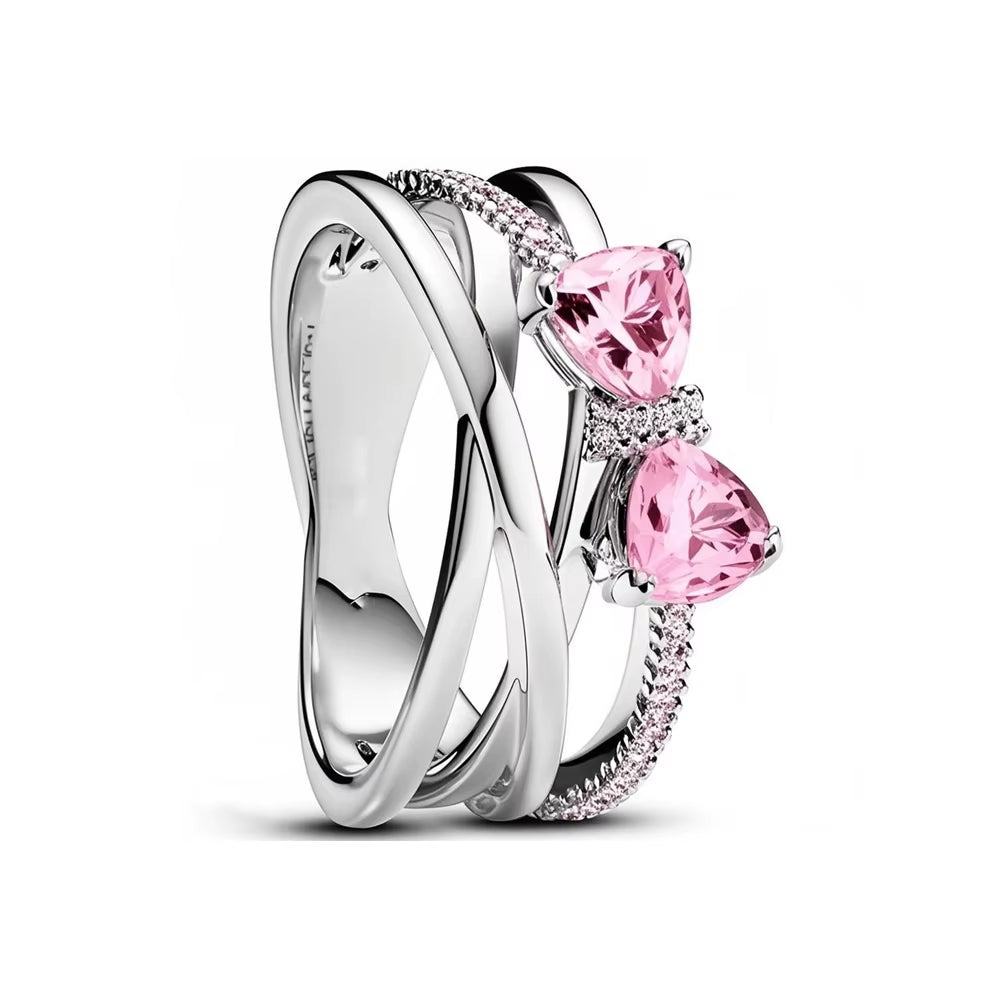 New 925 Sterling Silver Red Pink Bow Zircon Oxide Enamel Heart Love Ring Wedding Rings Fashion Fine Jewelry for Women Gifts