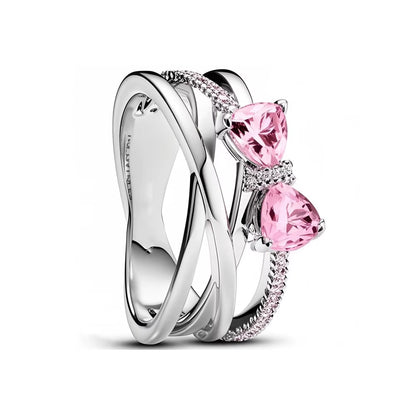 New 925 Sterling Silver Red Pink Bow Zircon Oxide Enamel Heart Love Ring Wedding Rings Fashion Fine Jewelry for Women Gifts