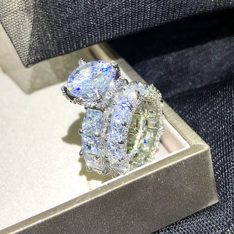 2Pcs Bridal Set Elegant Rings for Women 925 Sliver Wedding Engagement Fashion Jewelry with Full Shiny Zircon Female Ring