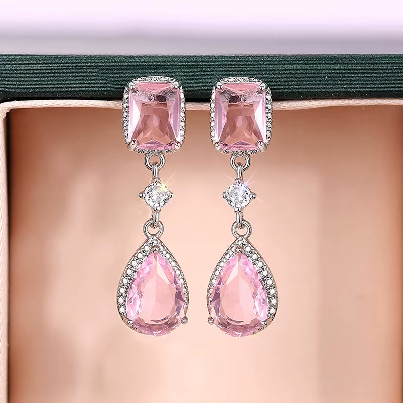 Pink/Yellow Cubic Zirconia Hanging Earrings for Women Romantic Pear CZ Dangle Earrings Wedding Party Luxury Trend Jewelry