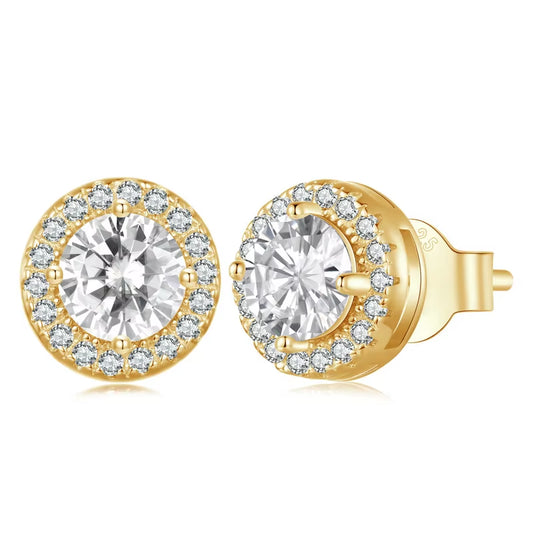 Gold Plated Halo CZ Stud Earrings 925 Sterling Silver Hypoallergenic Classic Elegant Heart Earrings Jewellry BSE894