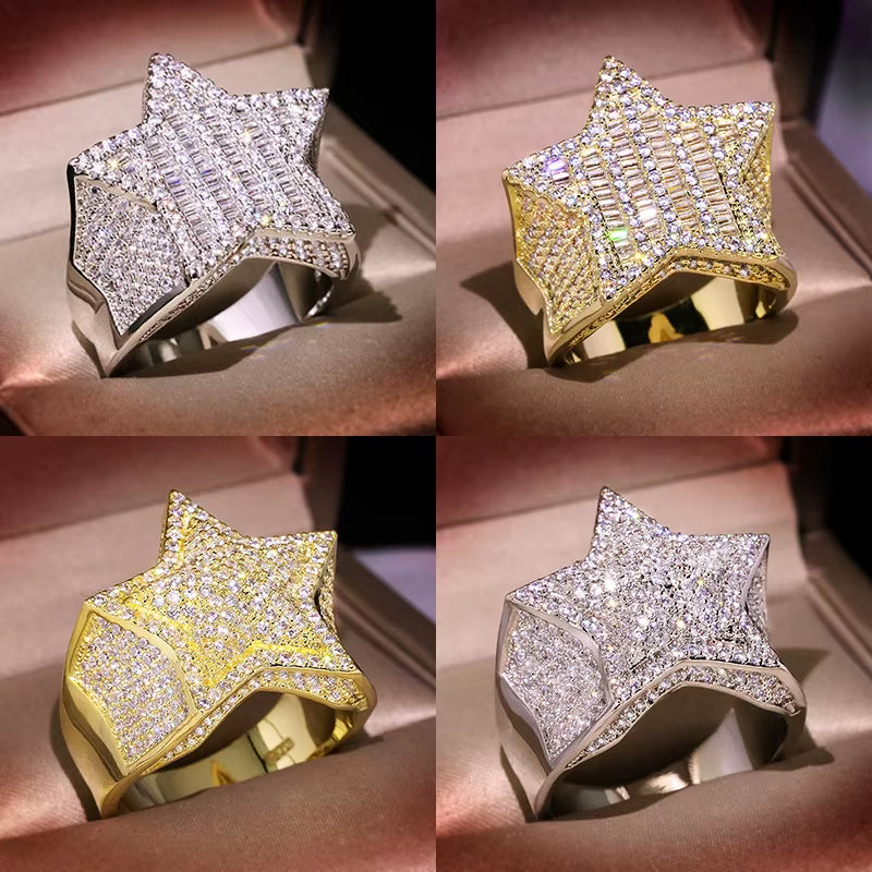 925 Silver Luxury Star Diamond Rings for Man/Women Solid White /Yellow Gold Rings Shine Hiphop Jewlery Gifts