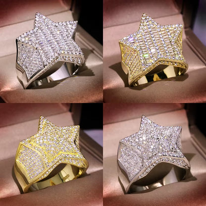 925 Silver Luxury Star Diamond Rings for Man/Women Solid White /Yellow Gold Rings Shine Hiphop Jewlery Gifts