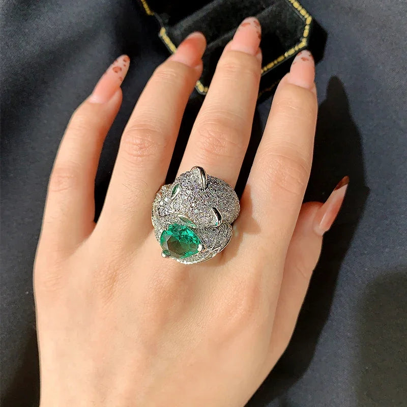 Strange Things Leopard Head with Green Eyes for Women Micro Paved with CZ Stone Animal Earring Jewelry Fox Ring Free Size