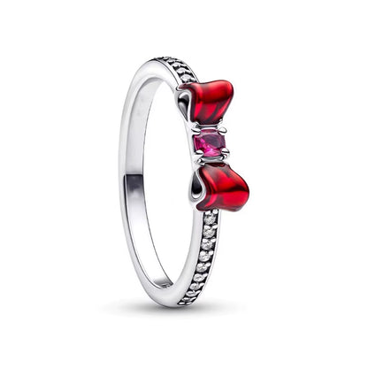 New 925 Sterling Silver Red Pink Bow Zircon Oxide Enamel Heart Love Ring Wedding Rings Fashion Fine Jewelry for Women Gifts