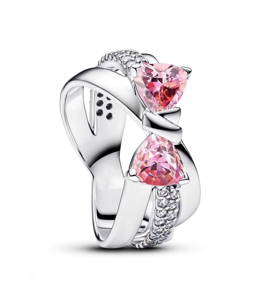 New 925 Sterling Silver Red Pink Bow Zircon Oxide Enamel Heart Love Ring Wedding Rings Fashion Fine Jewelry for Women Gifts