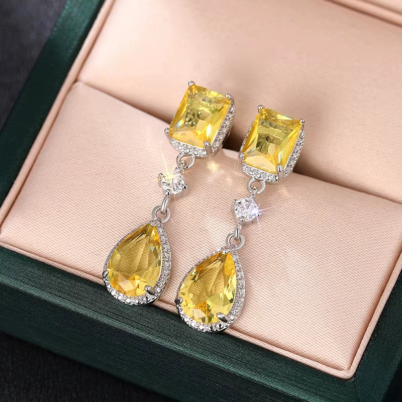 Pink/Yellow Cubic Zirconia Hanging Earrings for Women Romantic Pear CZ Dangle Earrings Wedding Party Luxury Trend Jewelry