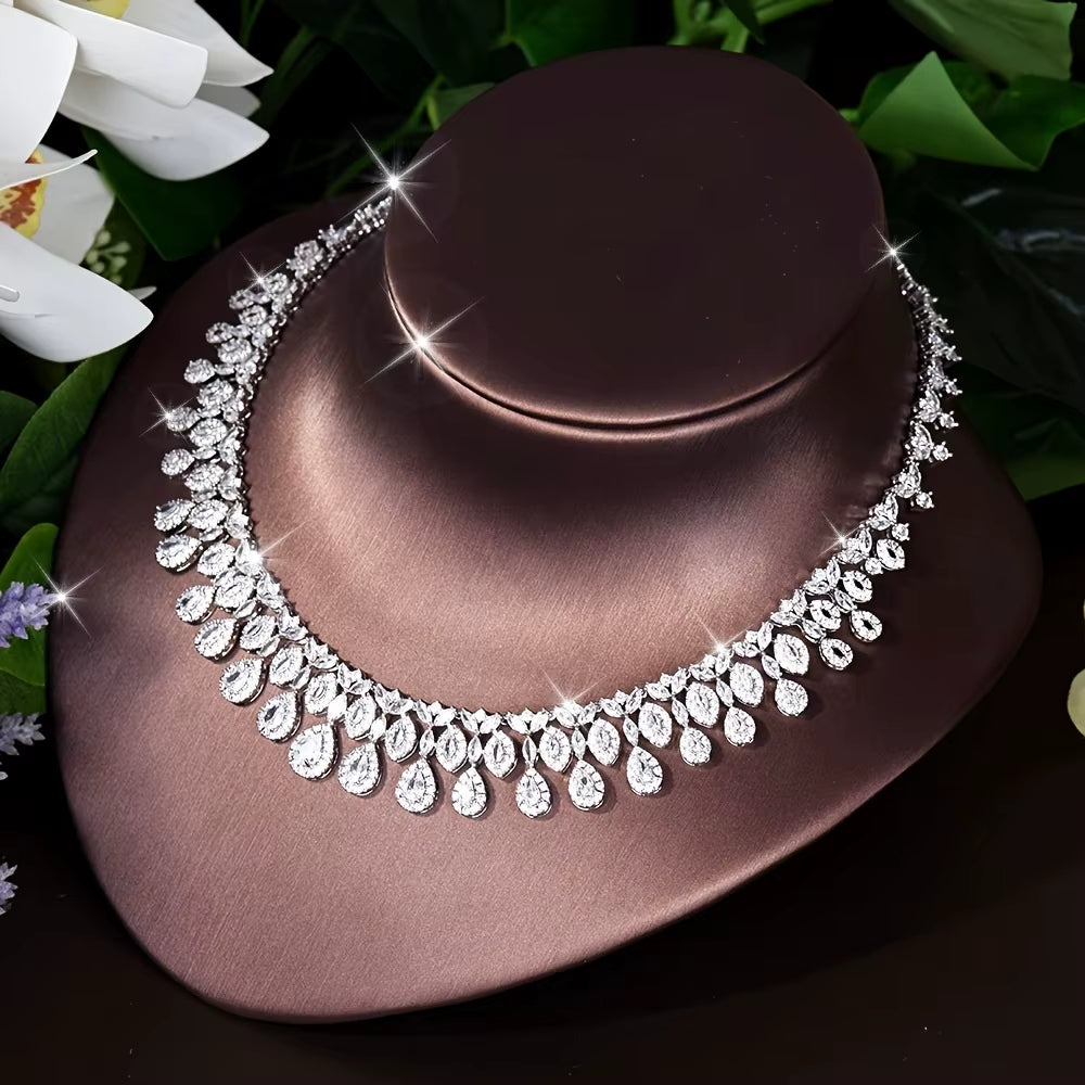 Nigeria White Gold Color Cubic Zirconia Bridal Wedding Jewelry Set Water Drop Shape 4PCS Necklace Earring Set Bijoux S-348
