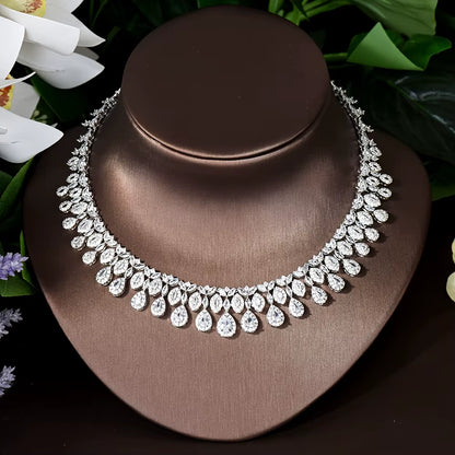Nigeria White Gold Color Cubic Zirconia Bridal Wedding Jewelry Set Water Drop Shape 4PCS Necklace Earring Set Bijoux S-348