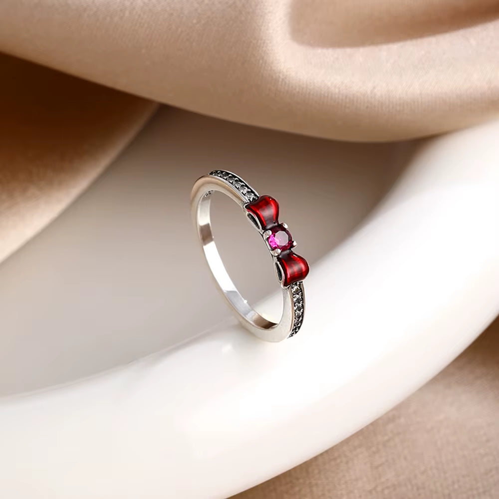 New 925 Sterling Silver Red Pink Bow Zircon Oxide Enamel Heart Love Ring Wedding Rings Fashion Fine Jewelry for Women Gifts