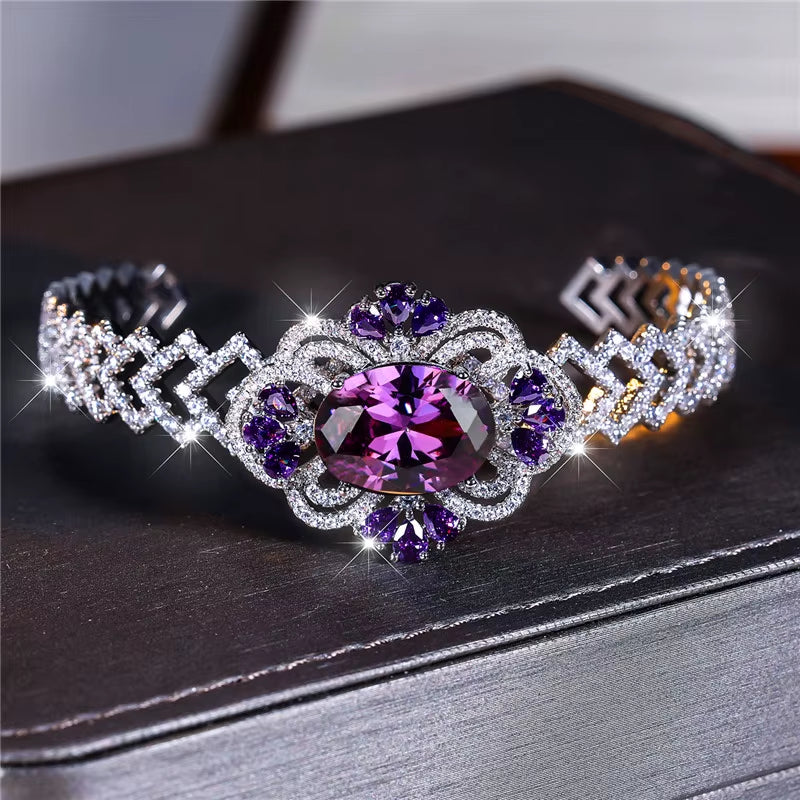 Charm Female Purple Zircon Stone Oval Bracelet Cute Silver Color Adjustable Summer Wedding Jewelry for Women