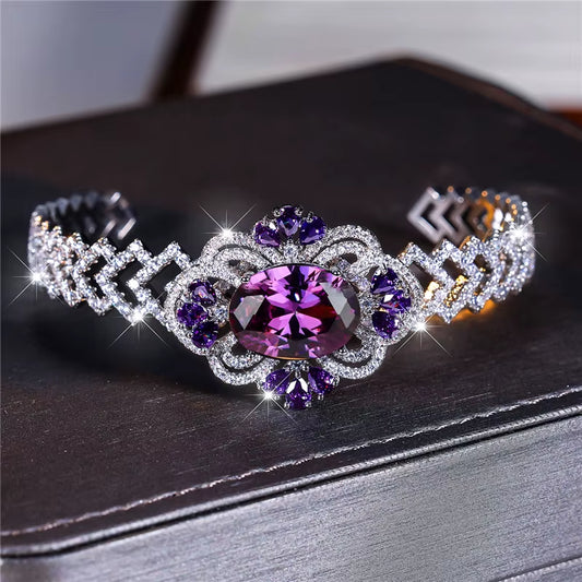 Charm Female Purple Zircon Stone Oval Bracelet Cute Silver Color Adjustable Summer Wedding Jewelry for Women