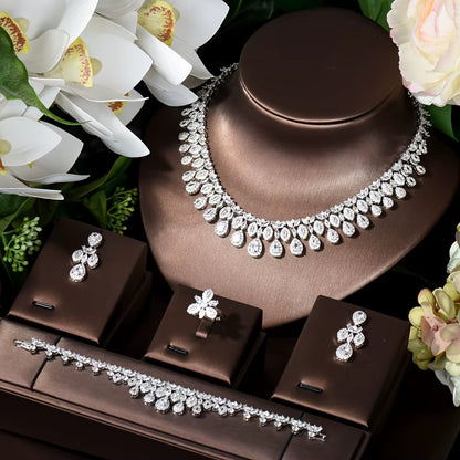 Nigeria White Gold Color Cubic Zirconia Bridal Wedding Jewelry Set Water Drop Shape 4PCS Necklace Earring Set Bijoux S-348