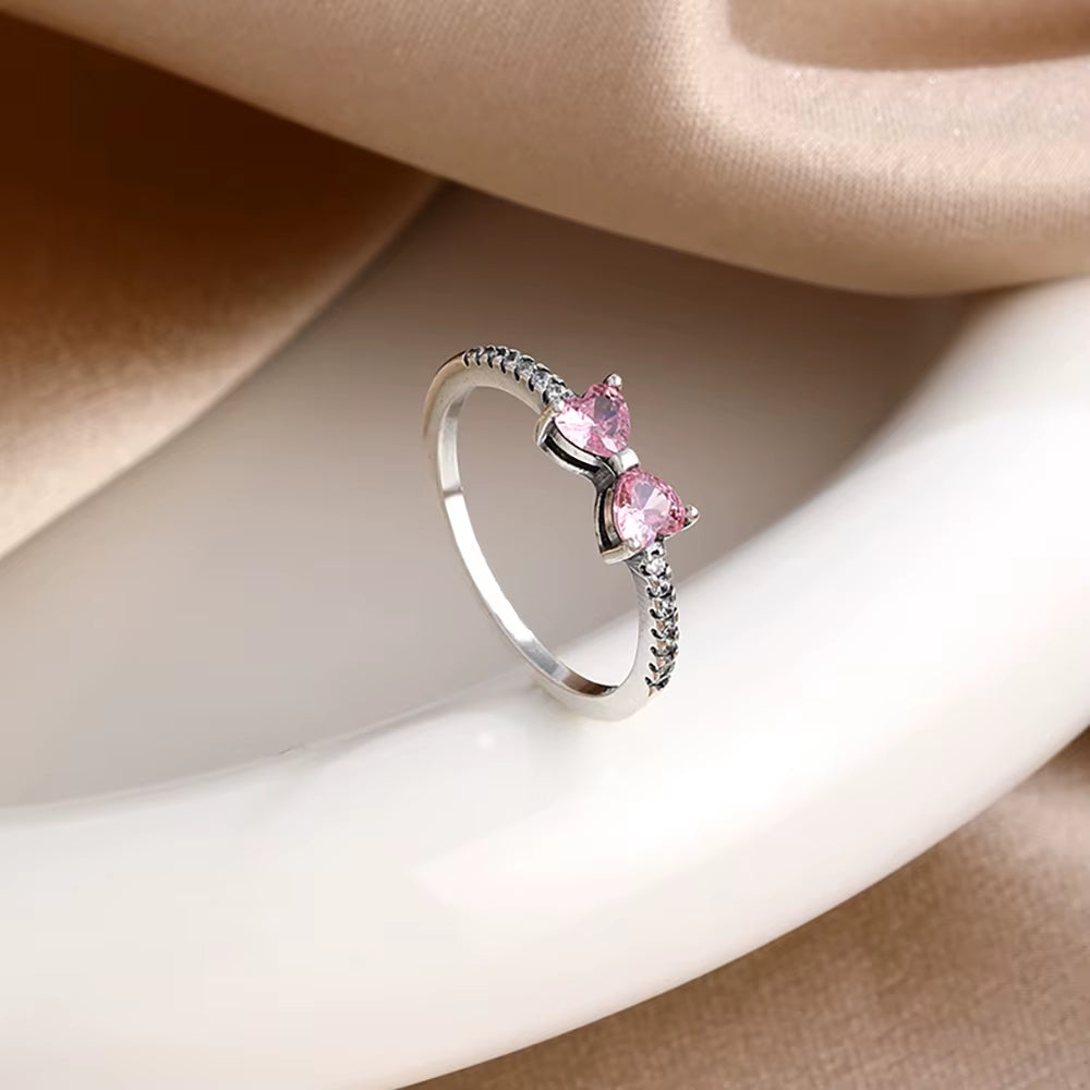 New 925 Sterling Silver Red Pink Bow Zircon Oxide Enamel Heart Love Ring Wedding Rings Fashion Fine Jewelry for Women Gifts