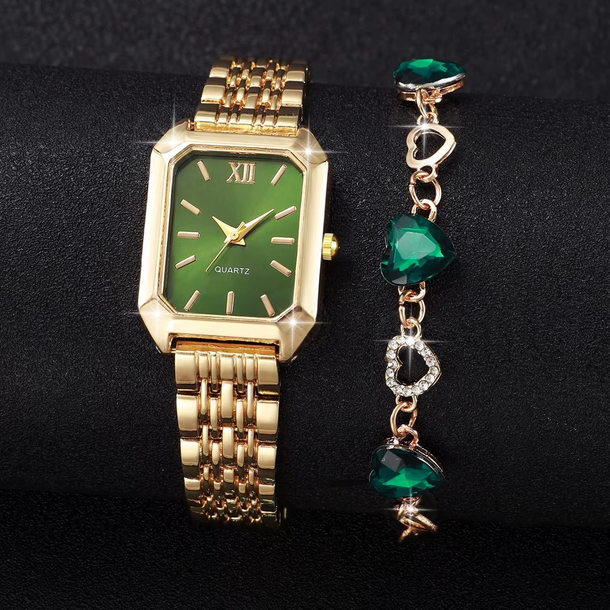 2Pcs/Set Fashion Square Roma Dial Women Wristwatches Ladies Alloy Strap Watch Rhinestone Bracelet Set (Without Box)