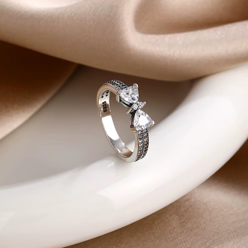 New 925 Sterling Silver Red Pink Bow Zircon Oxide Enamel Heart Love Ring Wedding Rings Fashion Fine Jewelry for Women Gifts