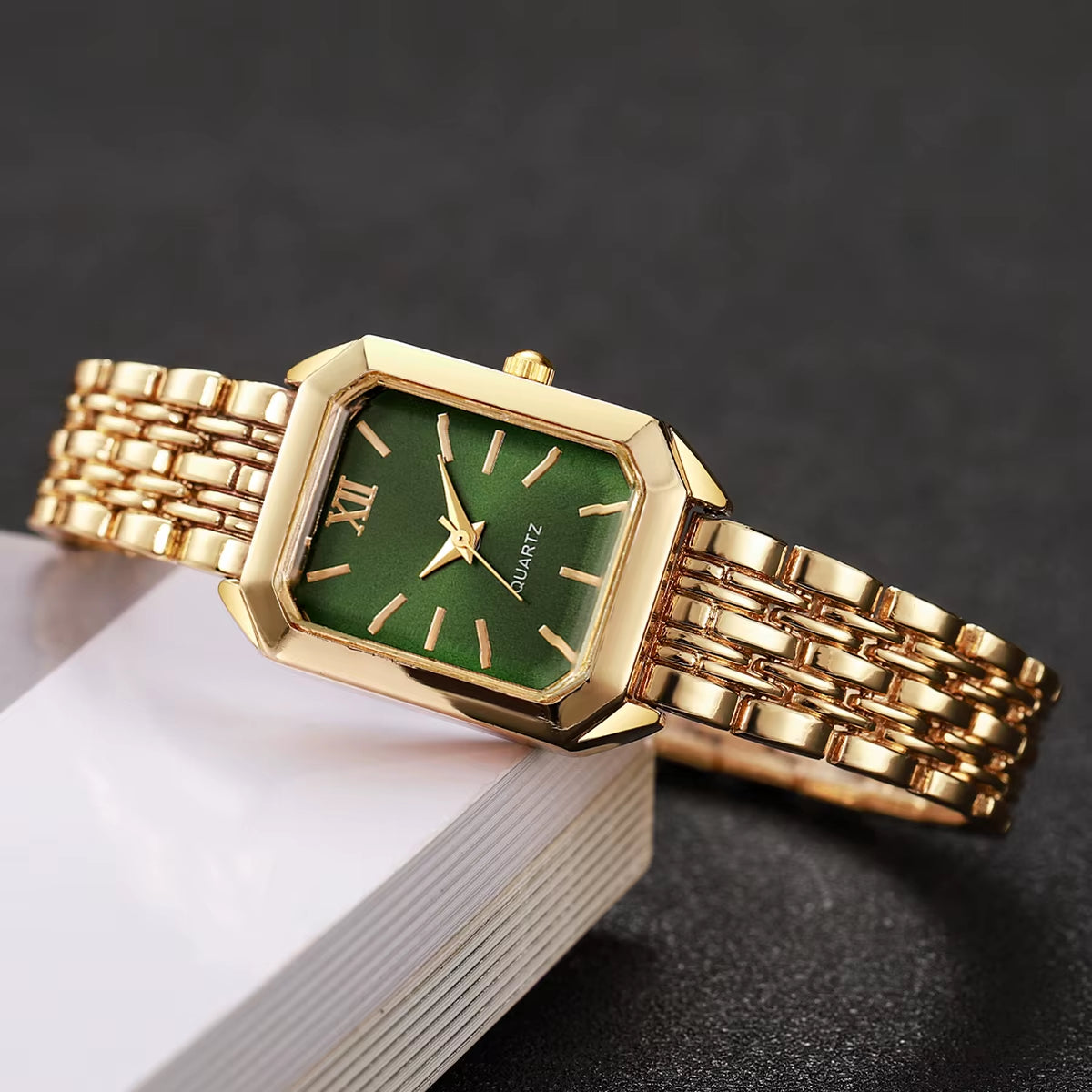 2Pcs/Set Fashion Square Roma Dial Women Wristwatches Ladies Alloy Strap Watch Rhinestone Bracelet Set (Without Box)