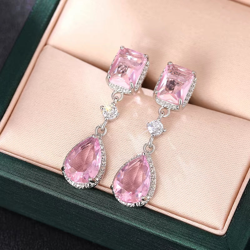 Pink/Yellow Cubic Zirconia Hanging Earrings for Women Romantic Pear CZ Dangle Earrings Wedding Party Luxury Trend Jewelry