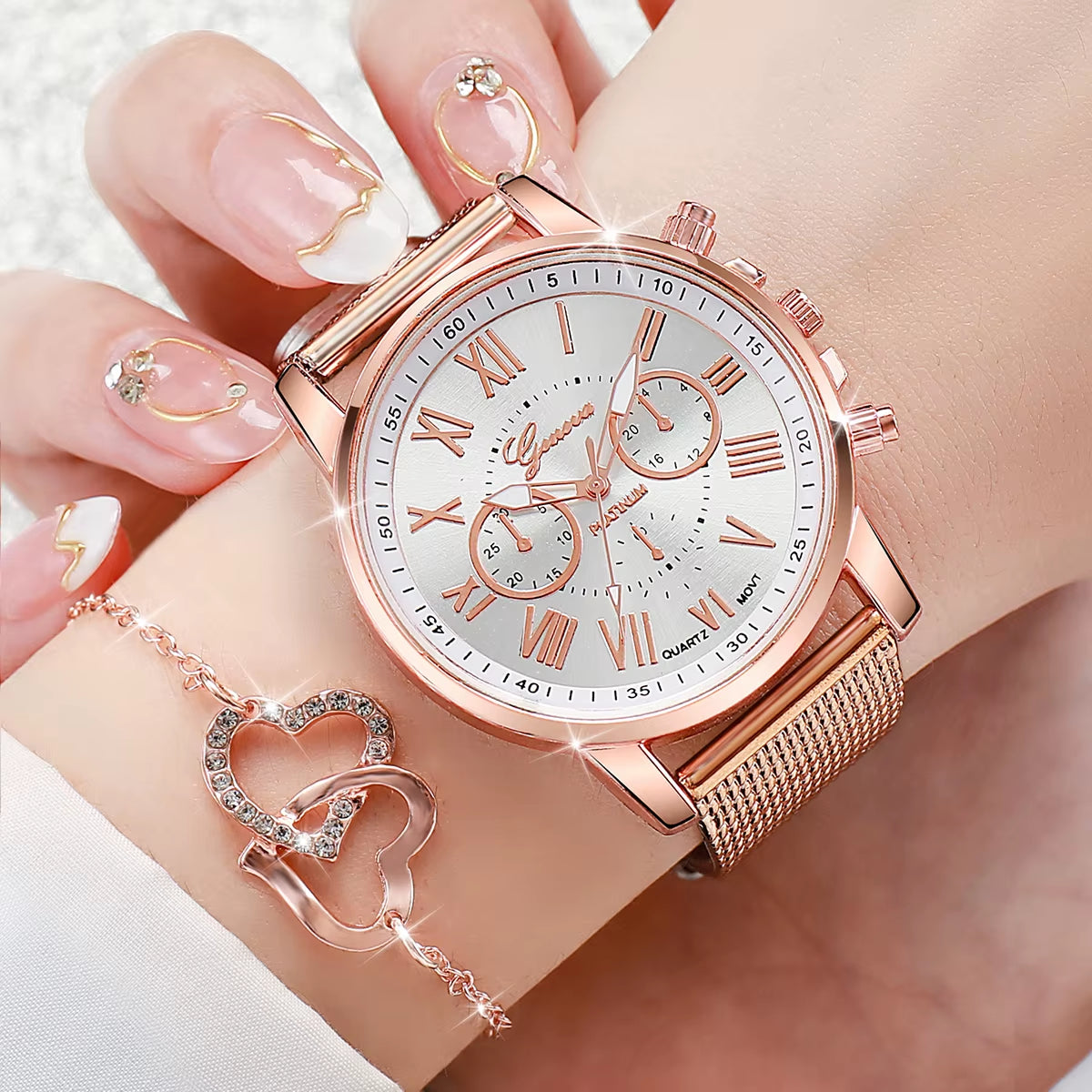 5Pcs/Set Geneva Watch Fashion Plastic Band Women Watches Rhinestone Heart Jewelry Set Ladies Quartz Watch（Without Box）