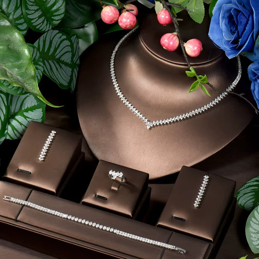 Nigeria White Gold Color Cubic Zirconia Bridal Wedding Jewelry Set Water Drop Shape 4PCS Necklace Earring Set Bijoux S-348