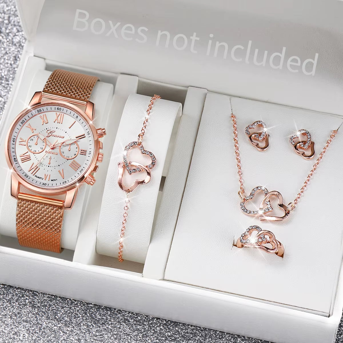 5Pcs/Set Geneva Watch Fashion Plastic Band Women Watches Rhinestone Heart Jewelry Set Ladies Quartz Watch（Without Box）