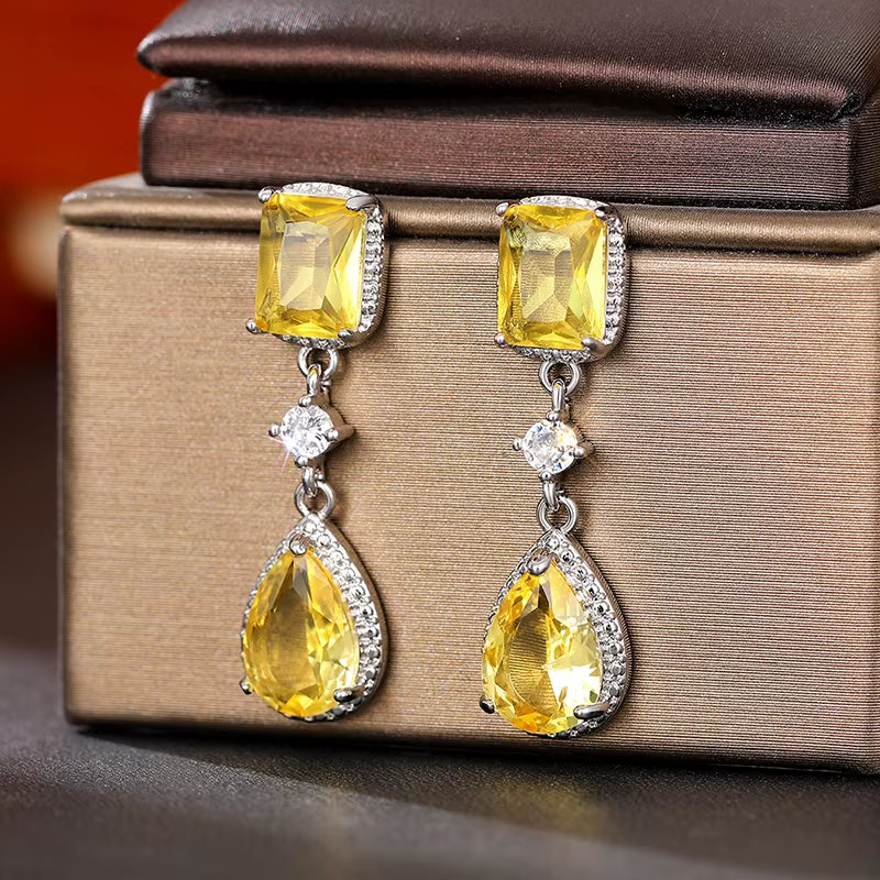 Pink/Yellow Cubic Zirconia Hanging Earrings for Women Romantic Pear CZ Dangle Earrings Wedding Party Luxury Trend Jewelry