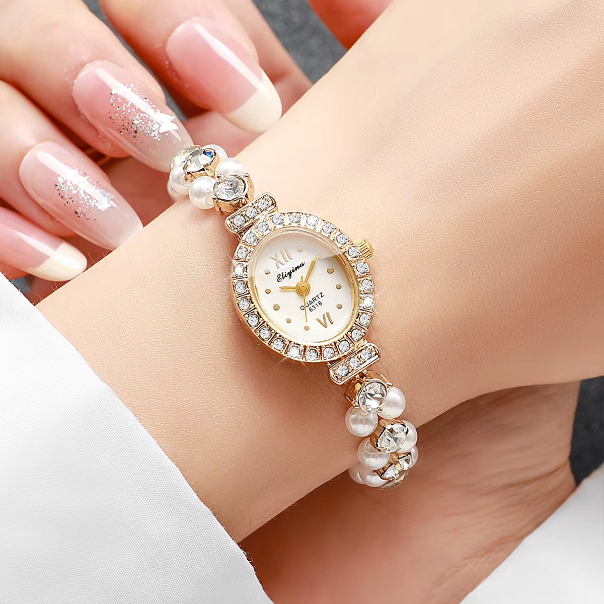 1/2PCS Fashion Diamond Roma Dial Women Quartz Wristwatch Set Ladies Elegant Pearl Alloy Strap Watch (Without Box)