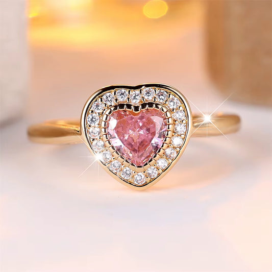 Elegant Pink Crystal Love Heart Zircon Rings for Women Vintage Gold Color Engagement Bands Wedding Jewelry Bridal Birthday Gifts
